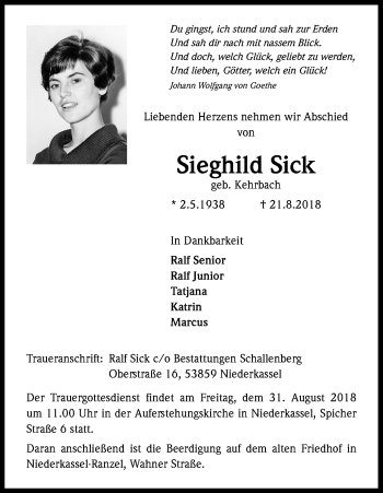 Anzeige von Sieghild Sick von Kölner Stadt-Anzeiger / Kölnische Rundschau / Express