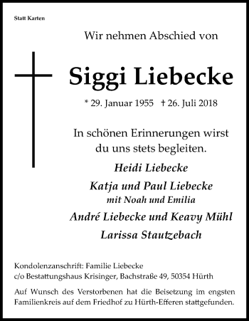 Anzeige von Siggi Liebecke von Kölner Stadt-Anzeiger / Kölnische Rundschau / Express