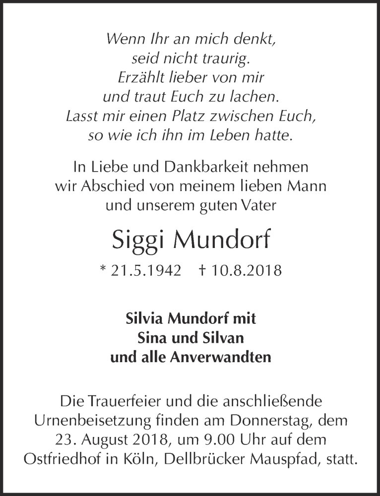  Traueranzeige für Siggi Mundorf vom 15.08.2018 aus  Kölner Wochenspiegel 