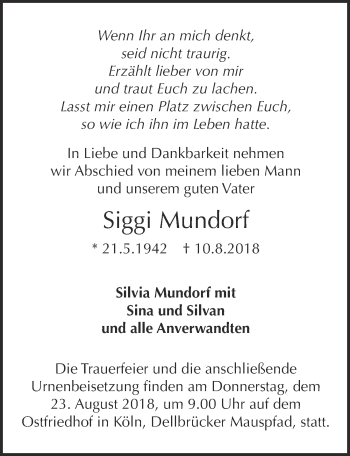 Anzeige von Siggi Mundorf von  Kölner Wochenspiegel 