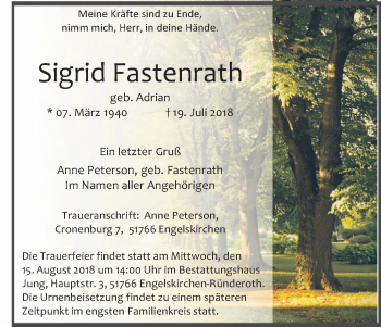 Anzeige von Sigrid Fastenrath von Kölner Stadt-Anzeiger / Kölnische Rundschau / Express