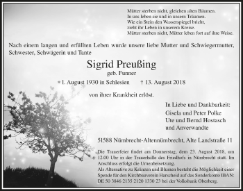 Anzeige von Sigrid Preußing von  Lokalanzeiger 