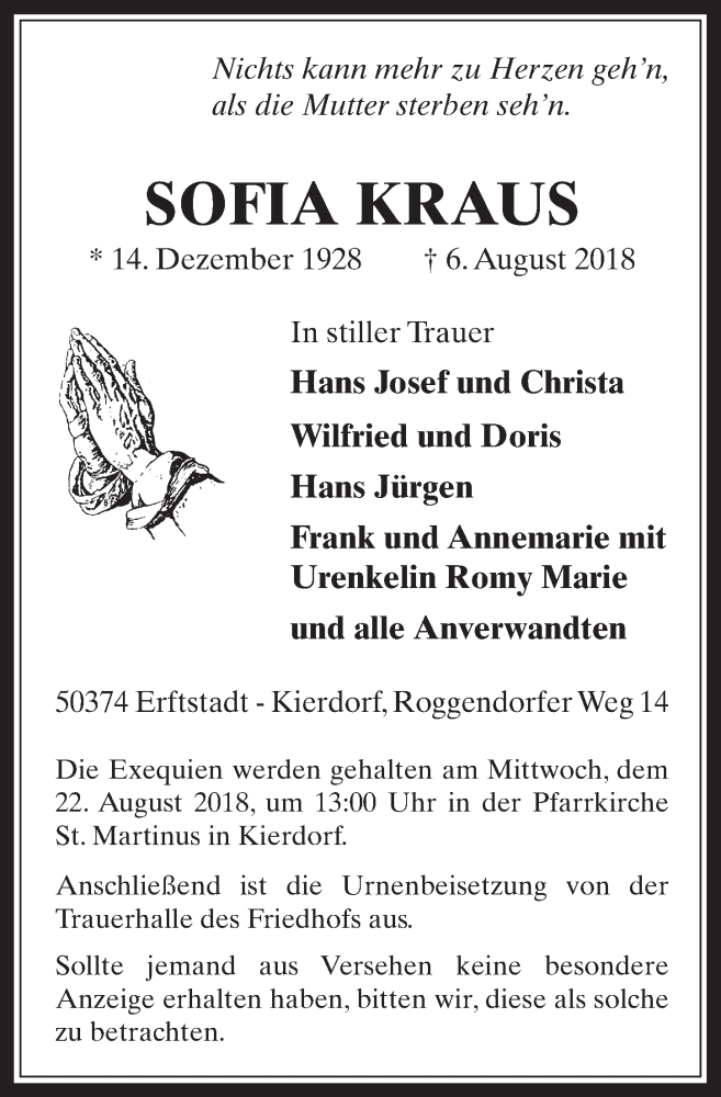  Traueranzeige für Sofia Kraus vom 15.08.2018 aus  Werbepost 