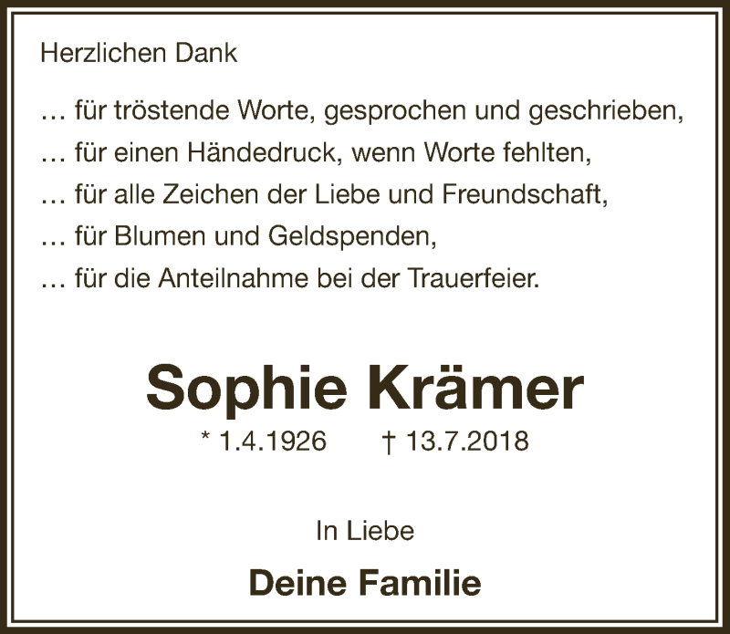  Traueranzeige für Sophie Krämer vom 29.08.2018 aus  Lokalanzeiger 