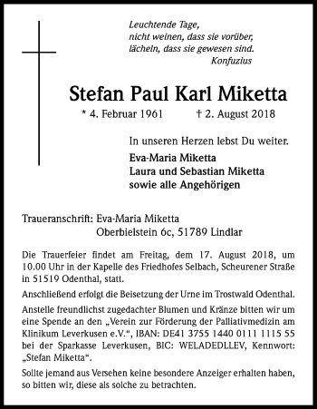 Anzeige von Stefan Paul Karl Miketta von Kölner Stadt-Anzeiger / Kölnische Rundschau / Express