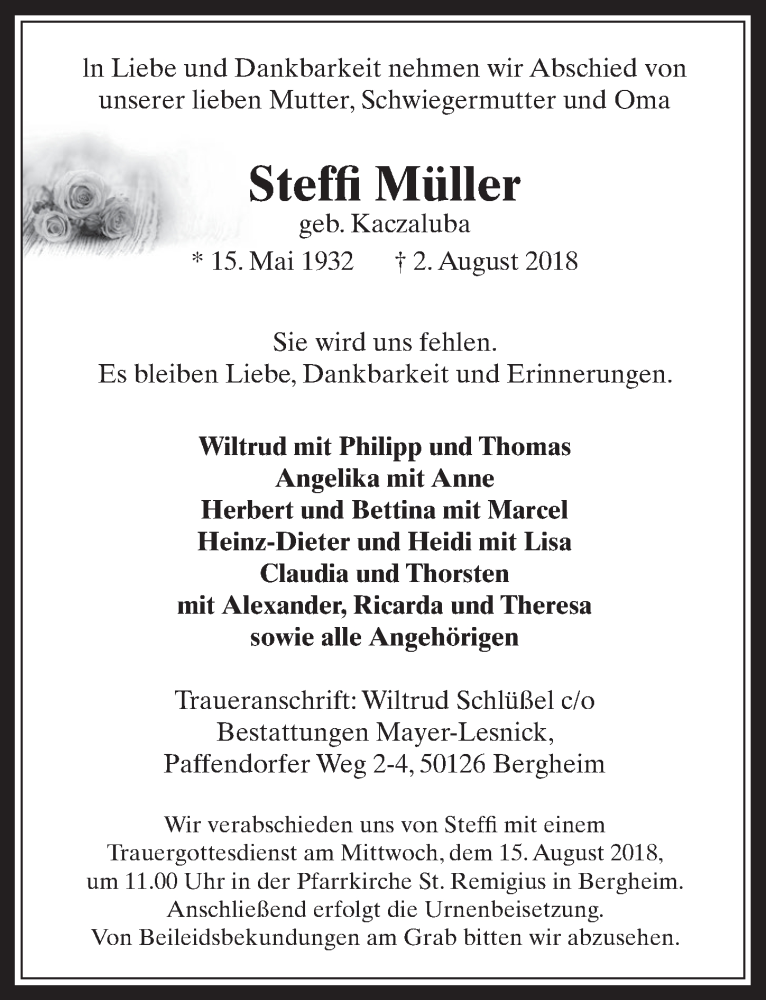  Traueranzeige für Steffi Müller vom 08.08.2018 aus  Werbepost 