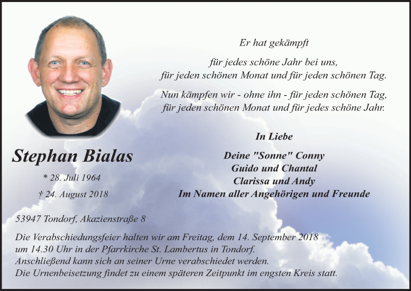  Traueranzeige für Stephan Bialas vom 01.09.2018 aus Kölner Stadt-Anzeiger / Kölnische Rundschau / Express