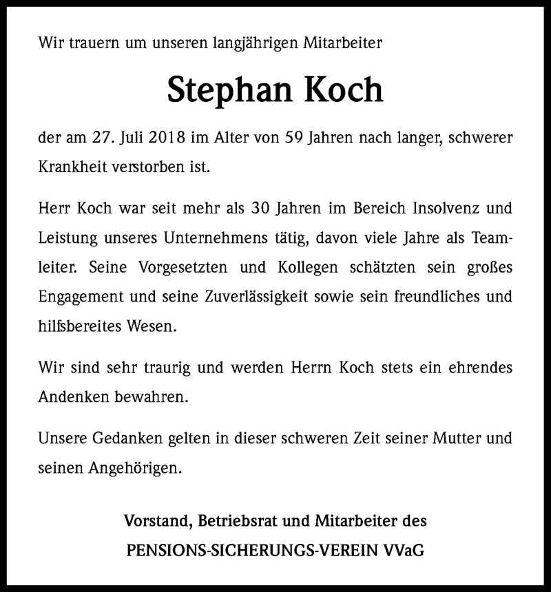  Traueranzeige für Stephan Koch vom 04.08.2018 aus Kölner Stadt-Anzeiger / Kölnische Rundschau / Express