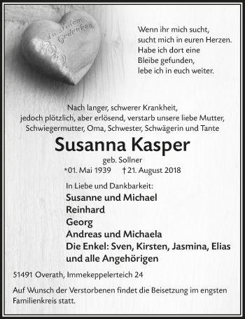 Anzeige von Susanna Kasper von  Bergisches Handelsblatt 