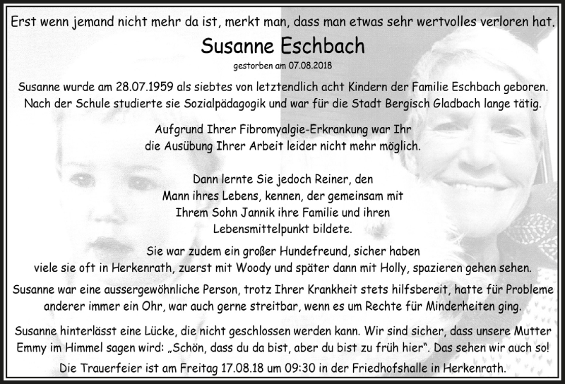  Traueranzeige für Susanne Eschbach vom 15.08.2018 aus  Bergisches Handelsblatt 