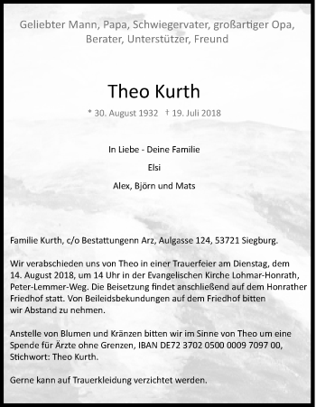 Anzeige von Theo Kurth von Kölner Stadt-Anzeiger / Kölnische Rundschau / Express
