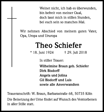 Anzeige von Theo Schiefer von Kölner Stadt-Anzeiger / Kölnische Rundschau / Express