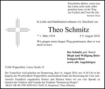 Anzeige von Theo Schmitz von Kölner Stadt-Anzeiger / Kölnische Rundschau / Express