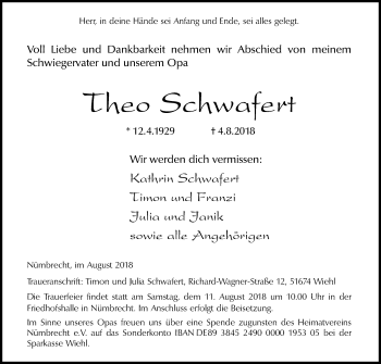 Anzeige von Theo Schwafert von Kölner Stadt-Anzeiger / Kölnische Rundschau / Express