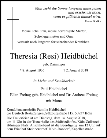 Anzeige von Theresia Resi Heidbüchel von Kölner Stadt-Anzeiger / Kölnische Rundschau / Express