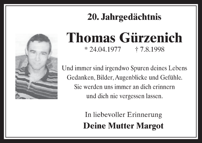  Traueranzeige für Thomas Gürzenich vom 08.08.2018 aus  Werbepost 
