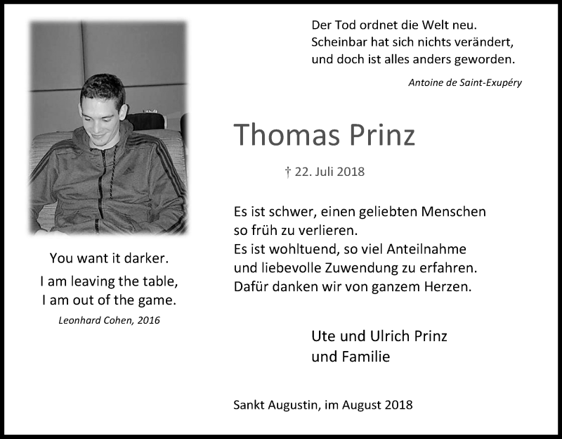  Traueranzeige für Thomas Prinz vom 11.08.2018 aus Kölner Stadt-Anzeiger / Kölnische Rundschau / Express