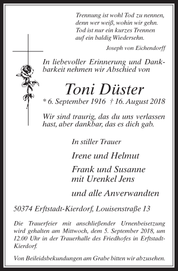 Anzeige von Toni Düster von  Werbepost 