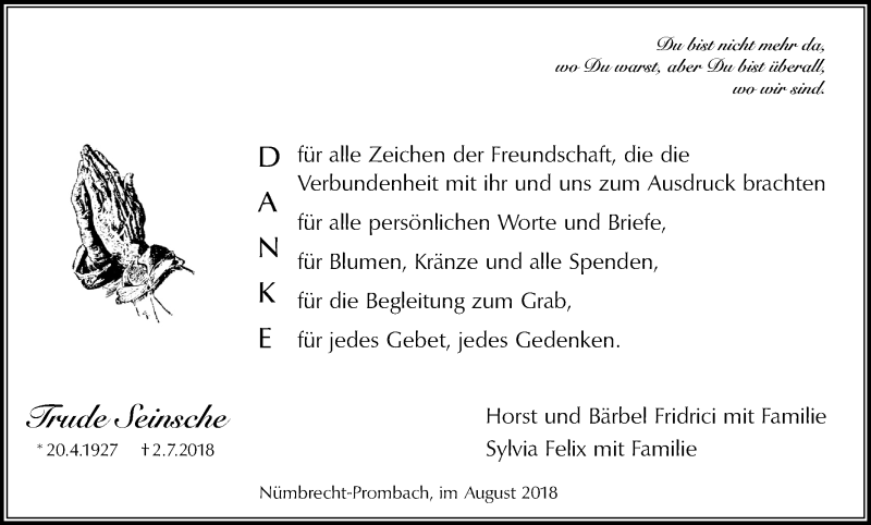  Traueranzeige für Trude Seinsche vom 04.08.2018 aus Kölner Stadt-Anzeiger / Kölnische Rundschau / Express