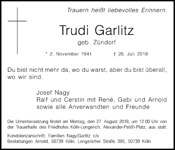 Anzeige von Trudi Garlitz von Kölner Stadt-Anzeiger / Kölnische Rundschau / Express