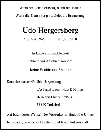Anzeige von Udo Hergersberg von Kölner Stadt-Anzeiger / Kölnische Rundschau / Express