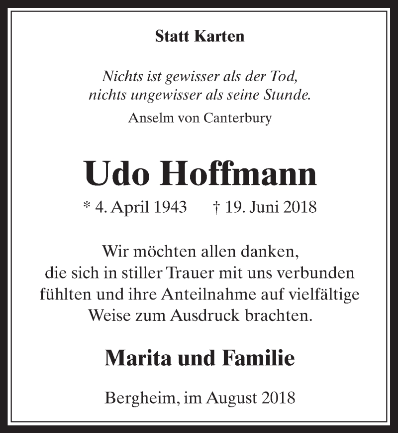  Traueranzeige für Udo Hoffmann vom 08.08.2018 aus  Werbepost 
