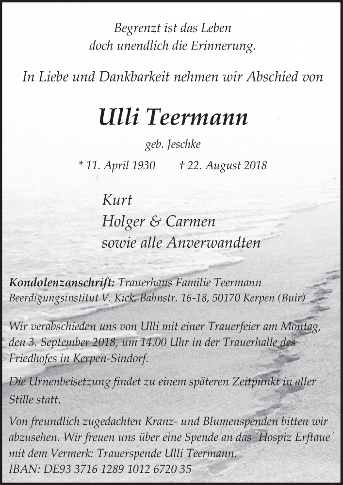  Traueranzeige für Ulli Teermann vom 29.08.2018 aus  Werbepost 