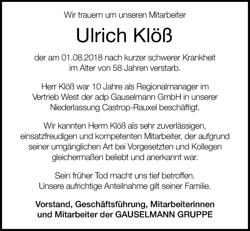  Traueranzeige für Ulrich Klöß vom 16.08.2018 aus Kölner Stadt-Anzeiger / Kölnische Rundschau / Express