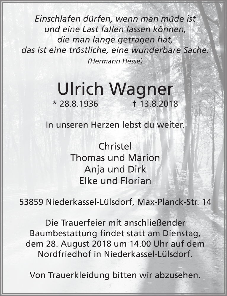  Traueranzeige für Ulrich Wagner vom 22.08.2018 aus  Extra Blatt 