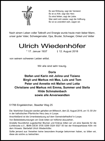 Anzeige von Ulrich Wiedenhöfer von Kölner Stadt-Anzeiger / Kölnische Rundschau / Express