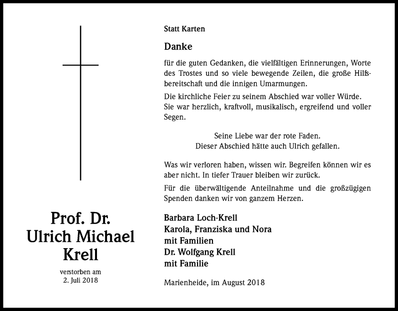  Traueranzeige für Ulrich Michael Krell vom 18.08.2018 aus Kölner Stadt-Anzeiger / Kölnische Rundschau / Express