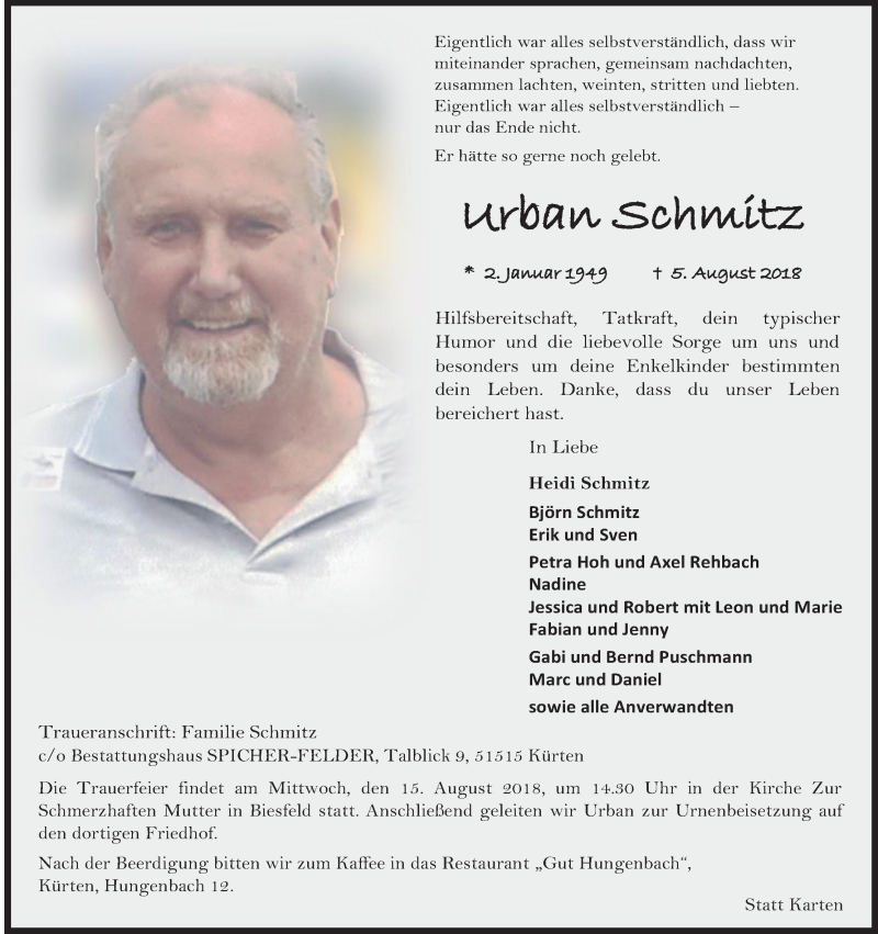  Traueranzeige für Urban Schmitz vom 10.08.2018 aus Kölner Stadt-Anzeiger / Kölnische Rundschau / Express