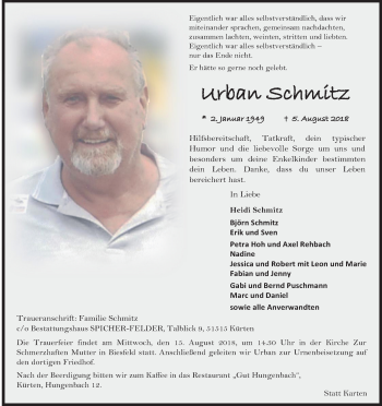 Anzeige von Urban Schmitz von Kölner Stadt-Anzeiger / Kölnische Rundschau / Express