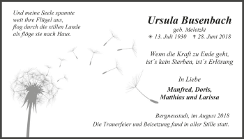 Anzeige von Ursula Busenbach von  Anzeigen Echo 