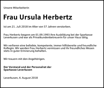 Anzeige von Ursula Herbertz von Kölner Stadt-Anzeiger / Kölnische Rundschau / Express