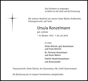 Anzeige von Ursula Konzelmann von Kölner Stadt-Anzeiger / Kölnische Rundschau / Express