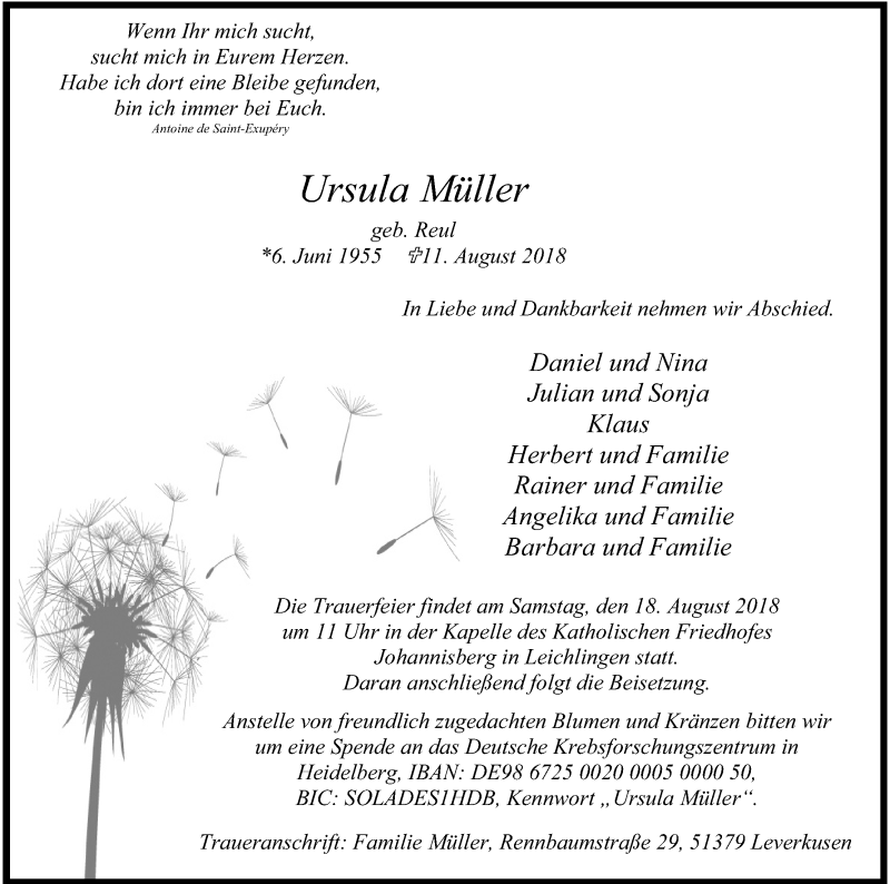  Traueranzeige für Ursula Müller vom 15.08.2018 aus Kölner Stadt-Anzeiger / Kölnische Rundschau / Express