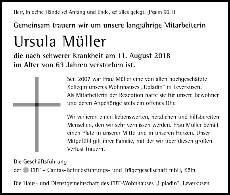  Traueranzeige für Ursula Müller vom 18.08.2018 aus Kölner Stadt-Anzeiger / Kölnische Rundschau / Express