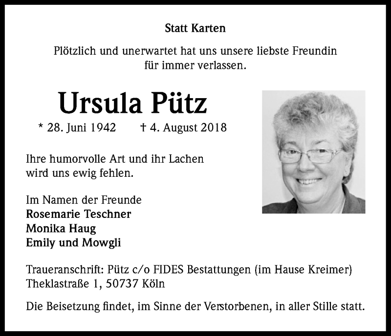  Traueranzeige für Ursula Pütz vom 18.08.2018 aus Kölner Stadt-Anzeiger / Kölnische Rundschau / Express