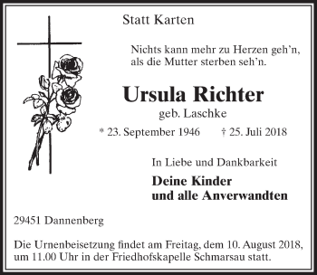 Anzeige von Ursula Richter von  Sonntags-Post 