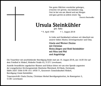 Anzeige von Ursula Steinkühler von Kölner Stadt-Anzeiger / Kölnische Rundschau / Express