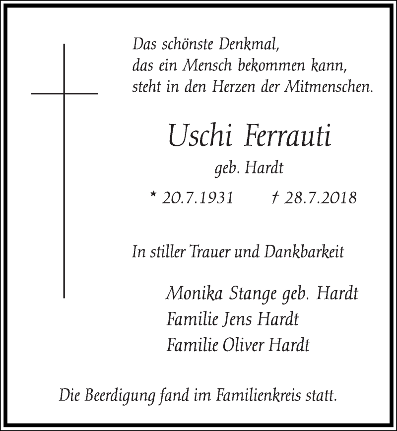  Traueranzeige für Uschi Ferrauti vom 08.08.2018 aus  Schlossbote/Werbekurier 