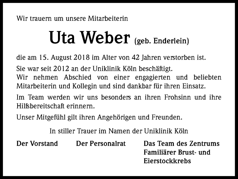  Traueranzeige für Uta Weber vom 25.08.2018 aus Kölner Stadt-Anzeiger / Kölnische Rundschau / Express