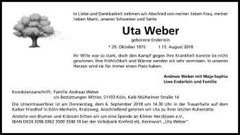 Anzeige von Uta Weber von Kölner Stadt-Anzeiger / Kölnische Rundschau / Express