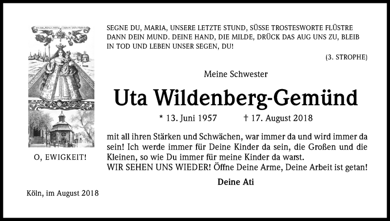  Traueranzeige für Uta Wildenberg-Gemünd vom 22.08.2018 aus Kölner Stadt-Anzeiger / Kölnische Rundschau / Express