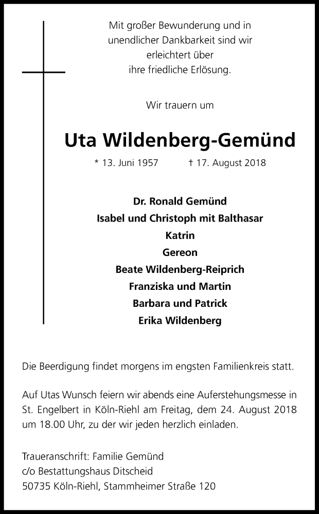  Traueranzeige für Uta Wildenberg-Gemünd vom 22.08.2018 aus Kölner Stadt-Anzeiger / Kölnische Rundschau / Express