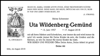 Anzeige von Uta Wildenberg-Gemünd von Kölner Stadt-Anzeiger / Kölnische Rundschau / Express