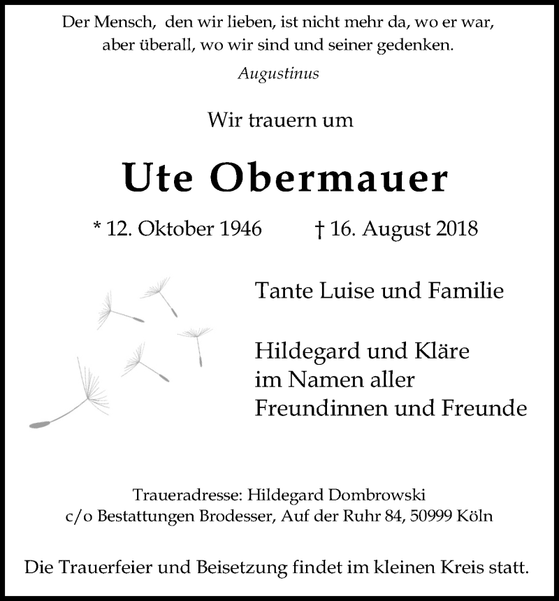  Traueranzeige für Ute Obermauer vom 25.08.2018 aus Kölner Stadt-Anzeiger / Kölnische Rundschau / Express