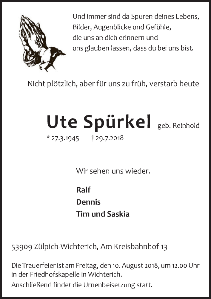  Traueranzeige für Ute Spürkel vom 04.08.2018 aus  Blickpunkt Euskirchen 