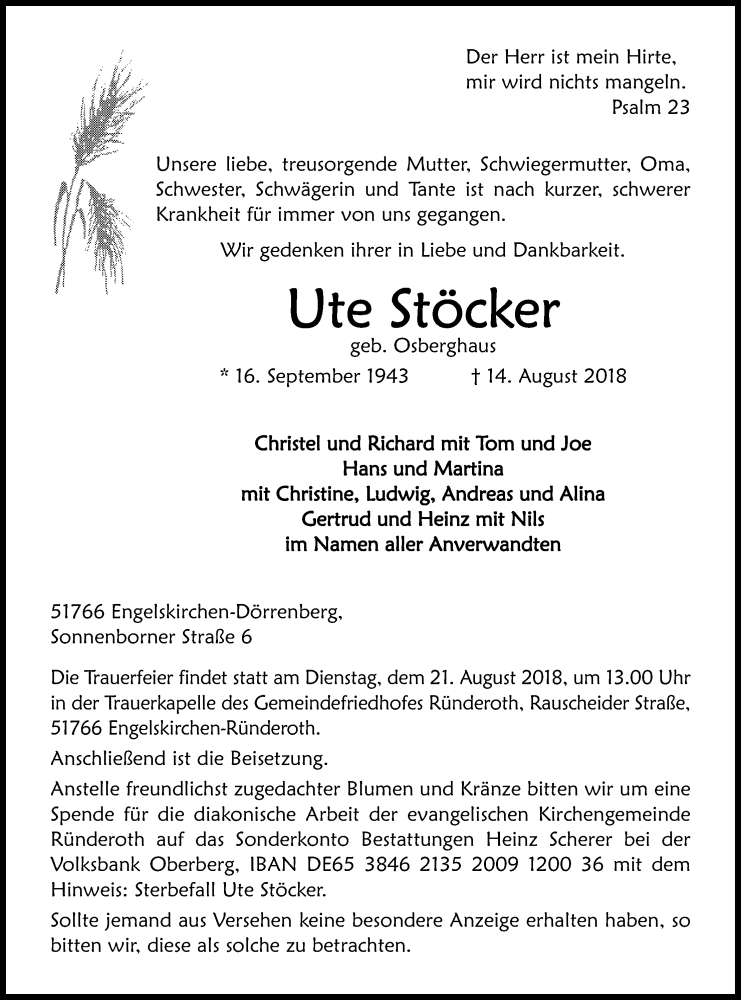  Traueranzeige für Ute Stöcker vom 16.08.2018 aus Kölner Stadt-Anzeiger / Kölnische Rundschau / Express